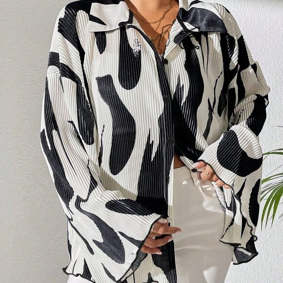 Apricot Casual Women's Loose Fit Drop Shoulder Long Sleeve Pleated Shirt - Picture 6 of 6